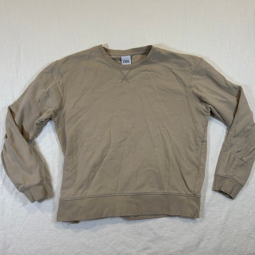 Zara Man Crewneck Sweatshirt Tan Beige V-Stitch Pullover Large